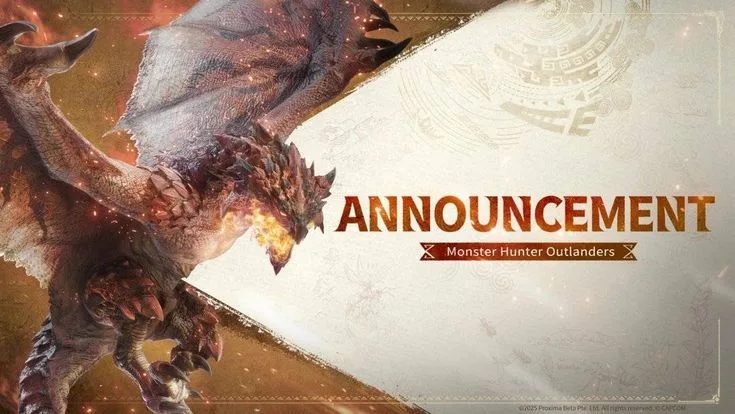 Ilustrasi Monster Hunter Outlanders menampilkan karakter pemburu dengan senjata besar menghadapi monster bertanduk merah di medan terbuka, latar hutan tropis dengan UI battle di layar ponsel.